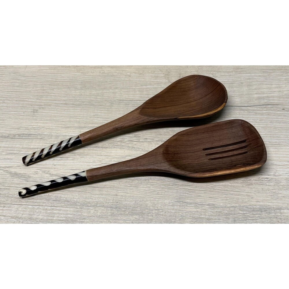 Olive Wood Serving Spoon Set with Batik Inlay